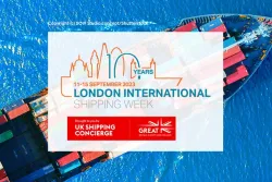 A container ship at sea with the London International Shipping Week brought to you by UK Shipping Concierge logo